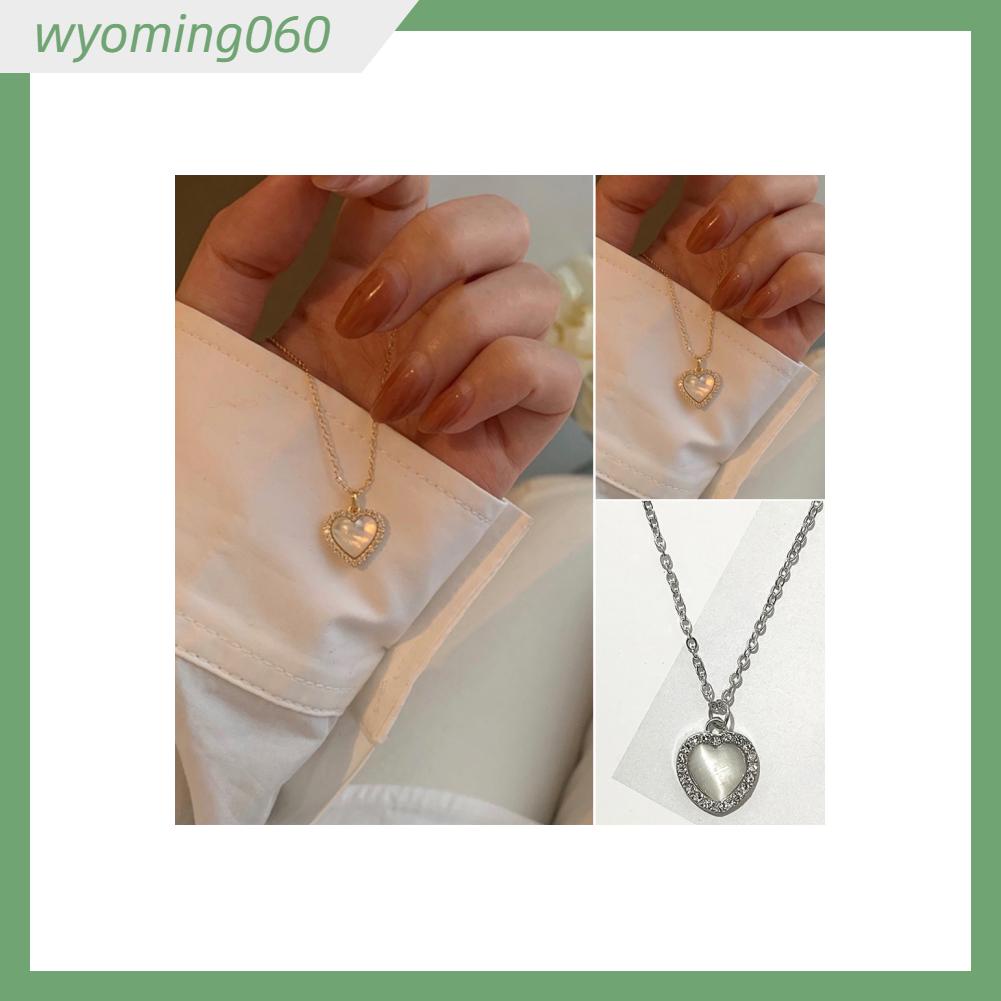 Wyoming060 Heart Pendant Necklace Opal Shape Clavicle Adjustable Length Alloy for All Neck Sizes