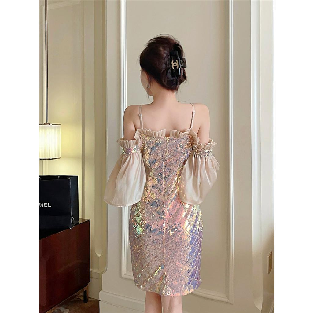 Đầm Ôm Dáng Cao Cấp Đính Kim Sa Một Mảnh Gợi Cảm Phong Cách Hàn Quốc Cho Nữ