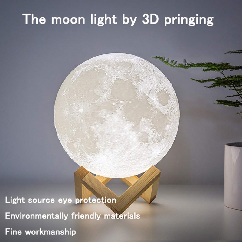 J3-VN 3D Moon Shaped Lamp 2 Colors Rechargeable USB Night Light Beautiful Sensitive Light with Wooden Stand for Room Christmas Gift