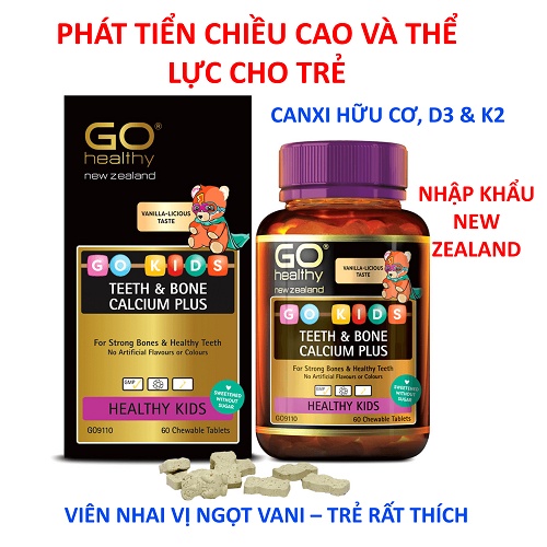 Viên uống bổ sung Canxi hữu cơ vitamin D3 và vitamin K2 cho trẻ phát triển chiều cao Go Healthy GO KIDS hộp 60 viên