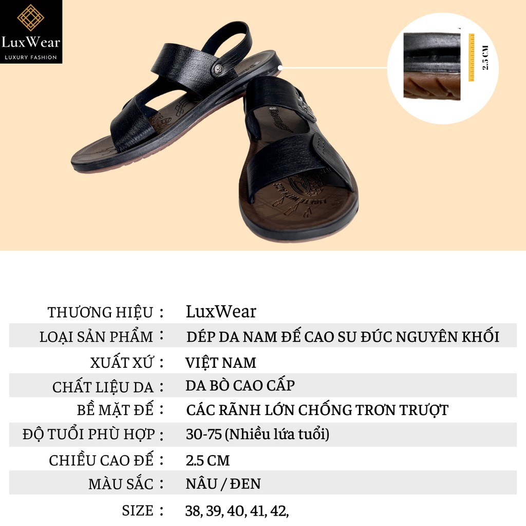 Dép Da Nam Cao Cấp Da Bò Đế Cao Su Đúc Nguyên Khối LuxWear - DDB