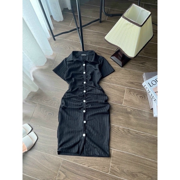 Đầm Nút Gài Tay Ngắn Nhún Gân Xương Cá Hình Thật