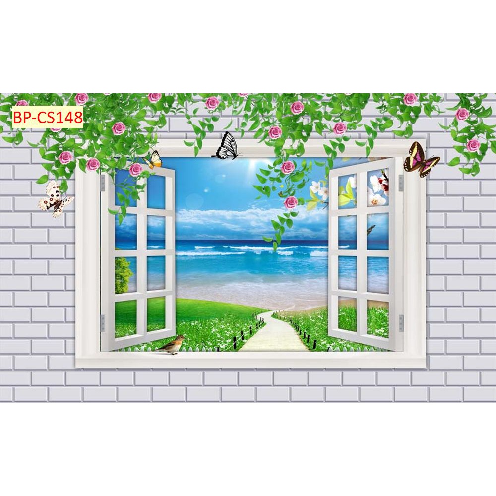 Tranh dán tường 3d cửa sổ thoáng mát tạo cảm giác thoải mái, tự nhiên