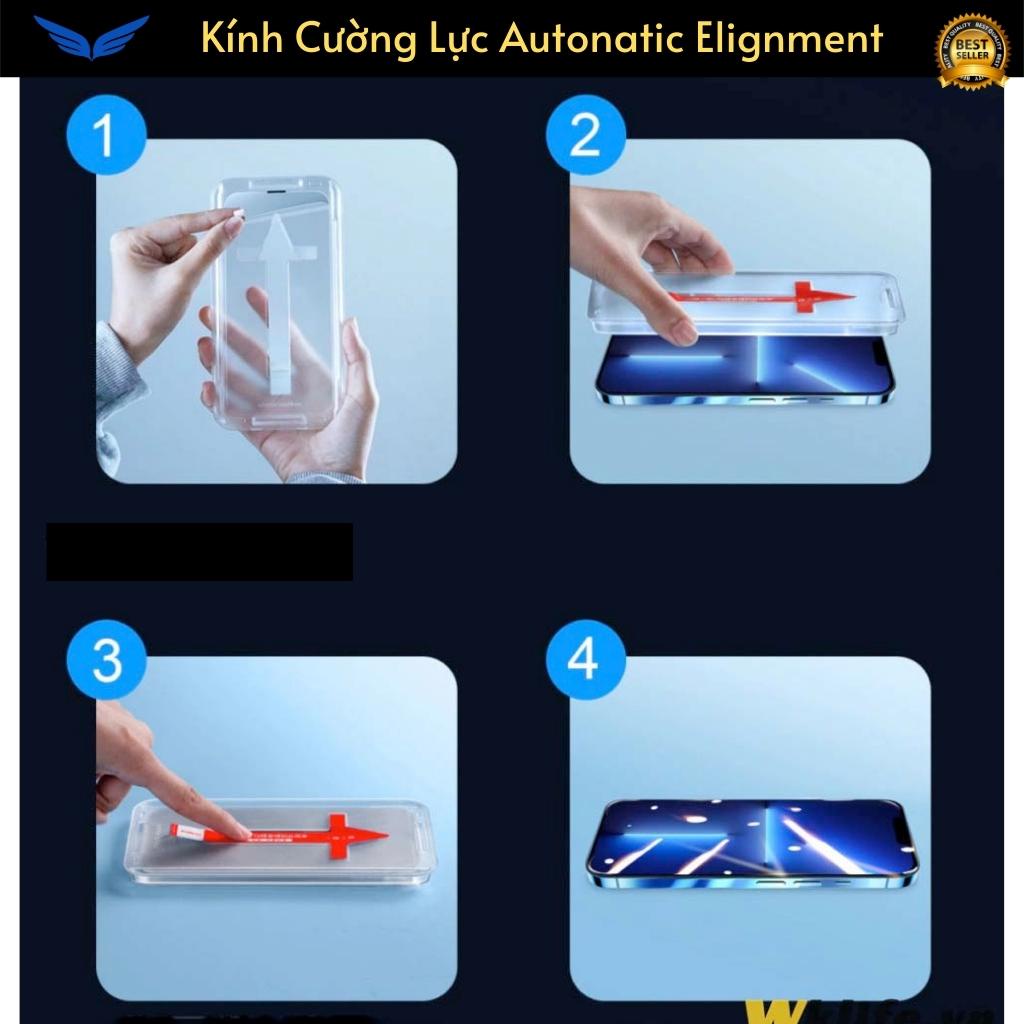 Kính cường lực tự dán Automatic Elignment Cho IPhone X - 14 ProMax Chống Bụi Màng Loa, chống mỏi mắt, Kèm Khung Trợ Dán