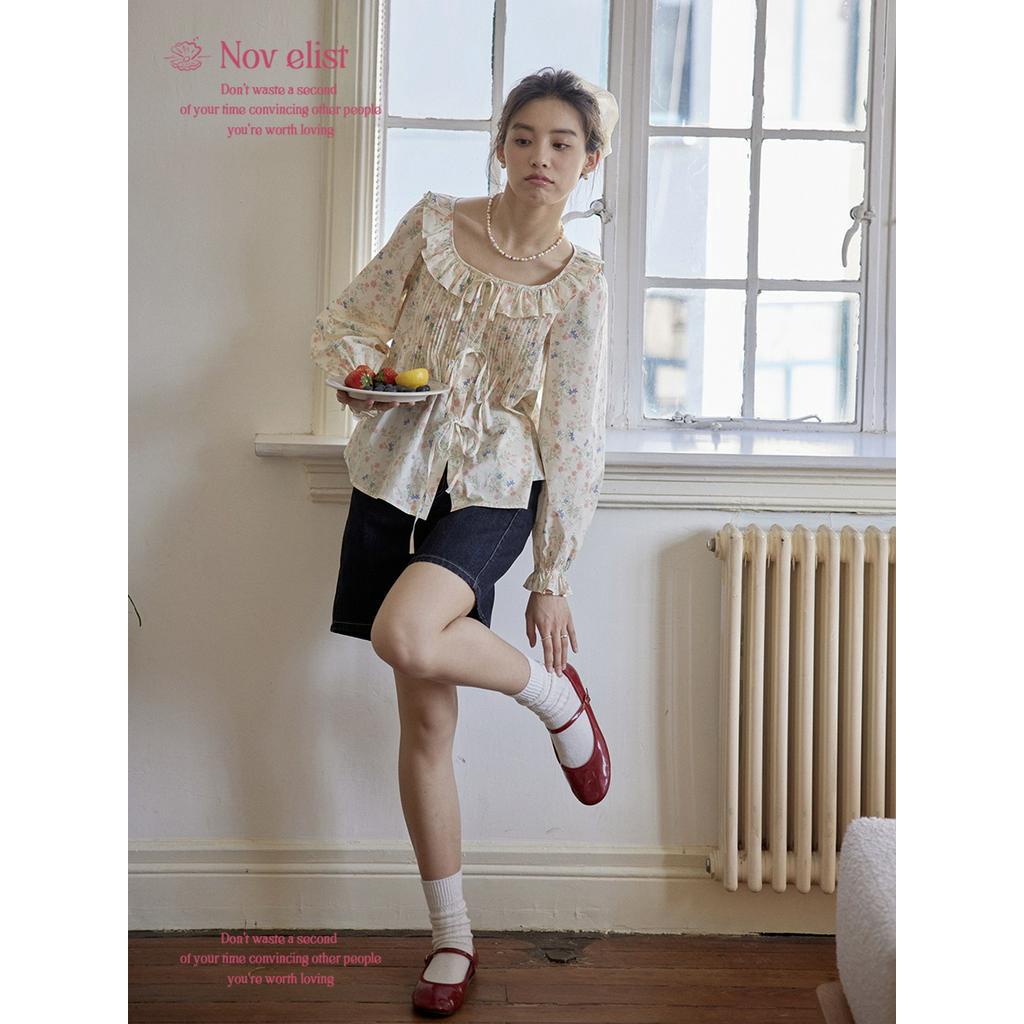 61710 Áo Sơ Mi Hoa Cổ Tròn Rộng Rãi