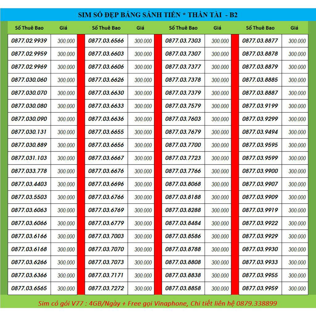Sim số đẹp, sim vinaphone, sim data 120GB/ tháng, sim 4G,  đồng giá 300k A6