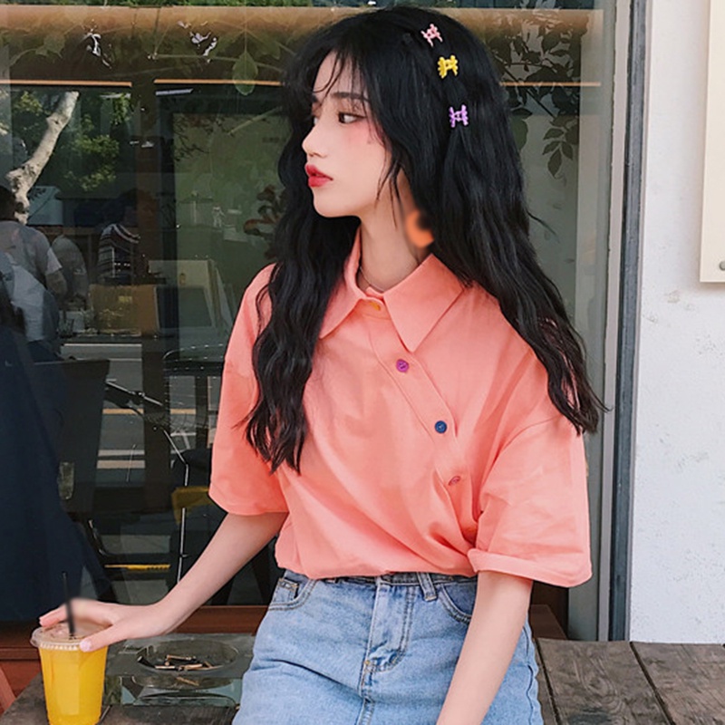 Áo thun tay ngắn dáng rộng màu sắc đơn giản quyến rũ cho nữ