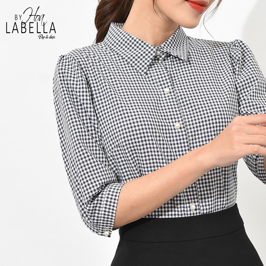 Áo Sơ Mi Nữ HOABELLA Tay Lỡ Chất Liệu Lụa Họa Tiết Caro Màu Đen (SM81268)