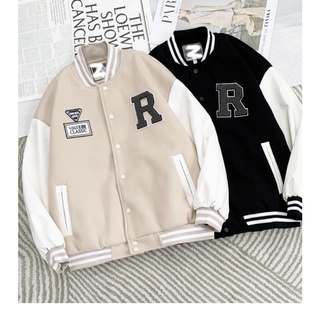 Áo Khoác Bomber Varsity Jacket Bóng Chày Thêu Chữ R Chất Da Lộn Lót Dù Form Rộng Basic Nam Nữ Unisex Couple Ulzzang