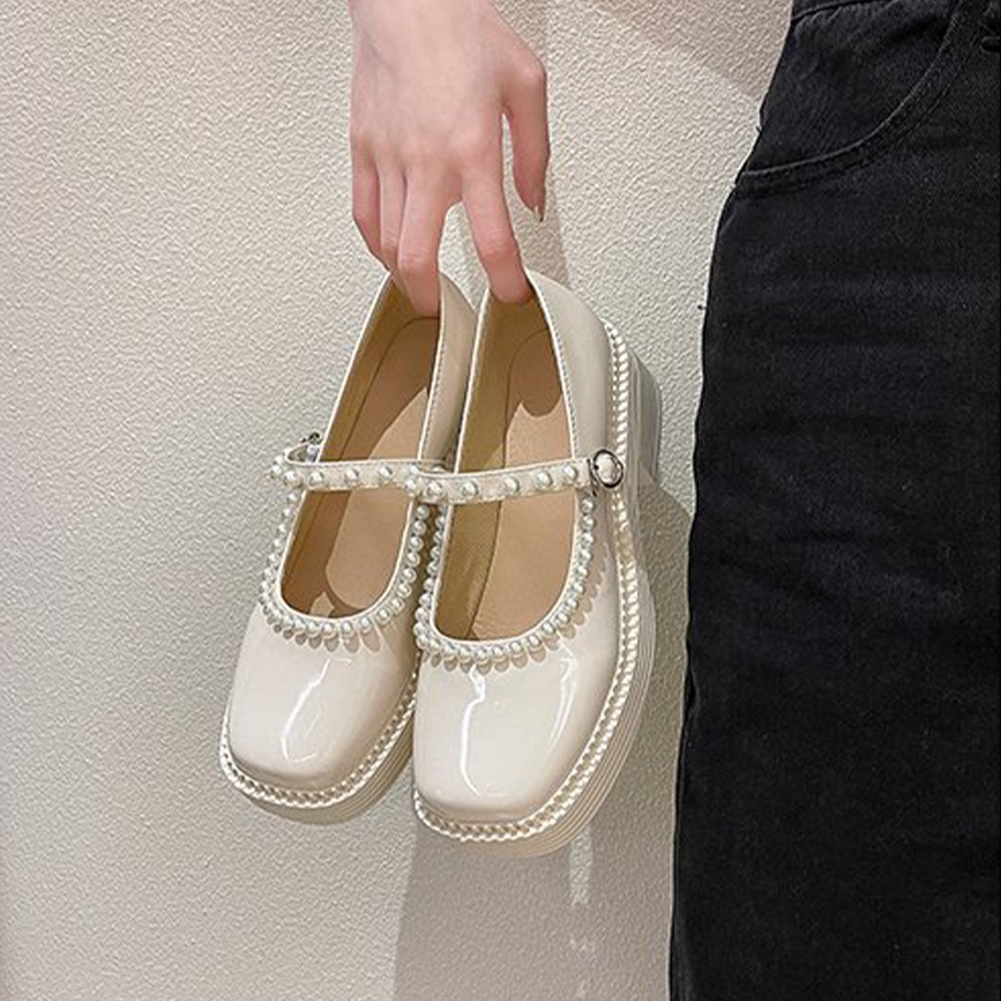 Giày Lolita Ulzzang Vintage, Giày Mary Jane Mũi Vuông Đính Ngọc Phần Viền Và Quai Đế Cao 5cm Hàn Quốc-Iclassy_shoes