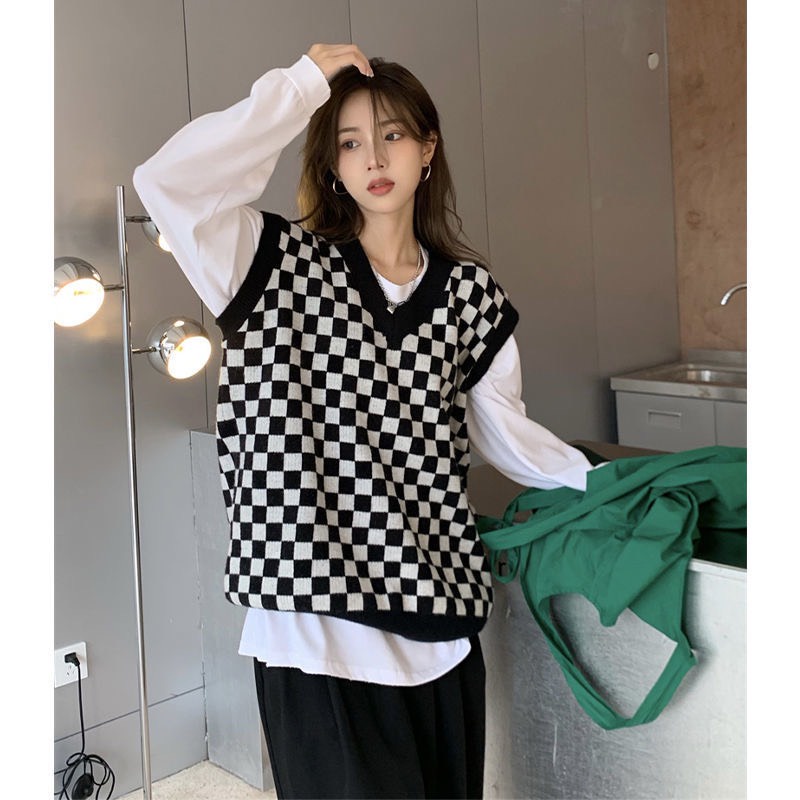 Áo len gile kẻ caro đen trắng unisex nam nữ cổ chữ v phong cách cá tính thời trang thu đông Hàn Quốc M32HD | BigBuy360 - bigbuy360.vn