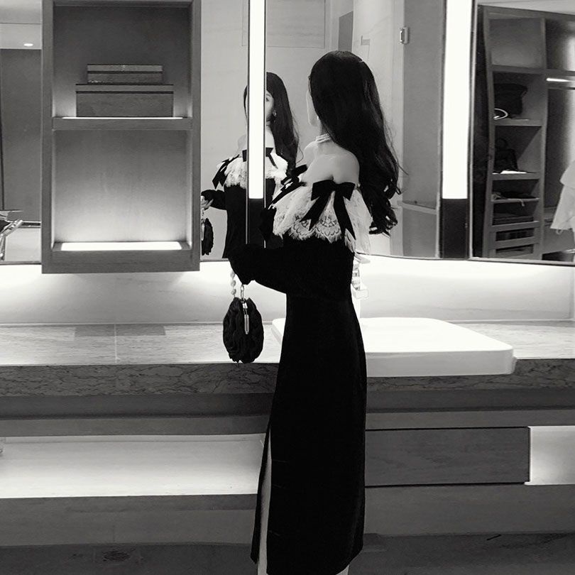 Hàng Có Sẵn!F &amp; X Hàng Có Sẵn Đầm Nhung Dài Tay Màu Đen Hở Vai Phong Cách Retro Pháp 2022 Cao Cấp Dành Cho Nữ