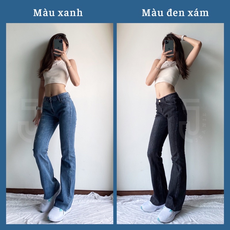Quần jean nữ cạp trễ ống loe JEANIE, quần bò loe chất co dãn đẹp form ống dài trùm gót