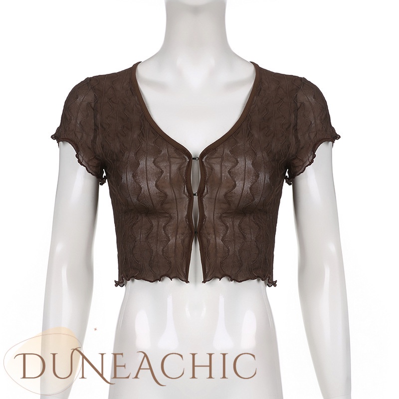 DUNEA Áo Thun Tay Ngắn Cổ Chữ V Phối Ren Thời Trang Cho Nữ