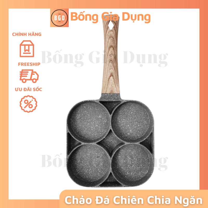 Chảo Đá Chống Dính Chiên Trứng Làm Bánh 4 Ngăn Mini Dùng Các Loại Bếp Tay Cầm Gỗ