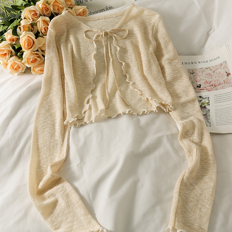 Áo khoác IELGY mỏng dài tay cổ thắt nơ kiểu Pháp thời trang hè cho nữ