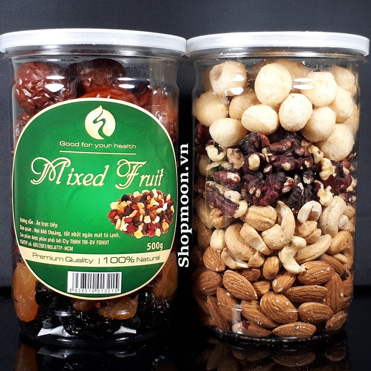 Combo Hạt Mix Nuts 4 Loại Macca, Óc Chó Đỏ, Hạnh Nhân, Hạt Điều đã tách vỏ (500gr) Và Mix 7 Loại Trái Cây Sấy (500gr)