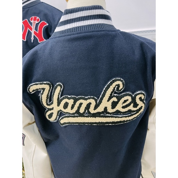 ÁO KHOÁC MLBNY BOMBER 1903 TAY DA TRẮNG - ÁO VARSITY NAM NỮ UNISEX - HÀNG CÓ SẴN