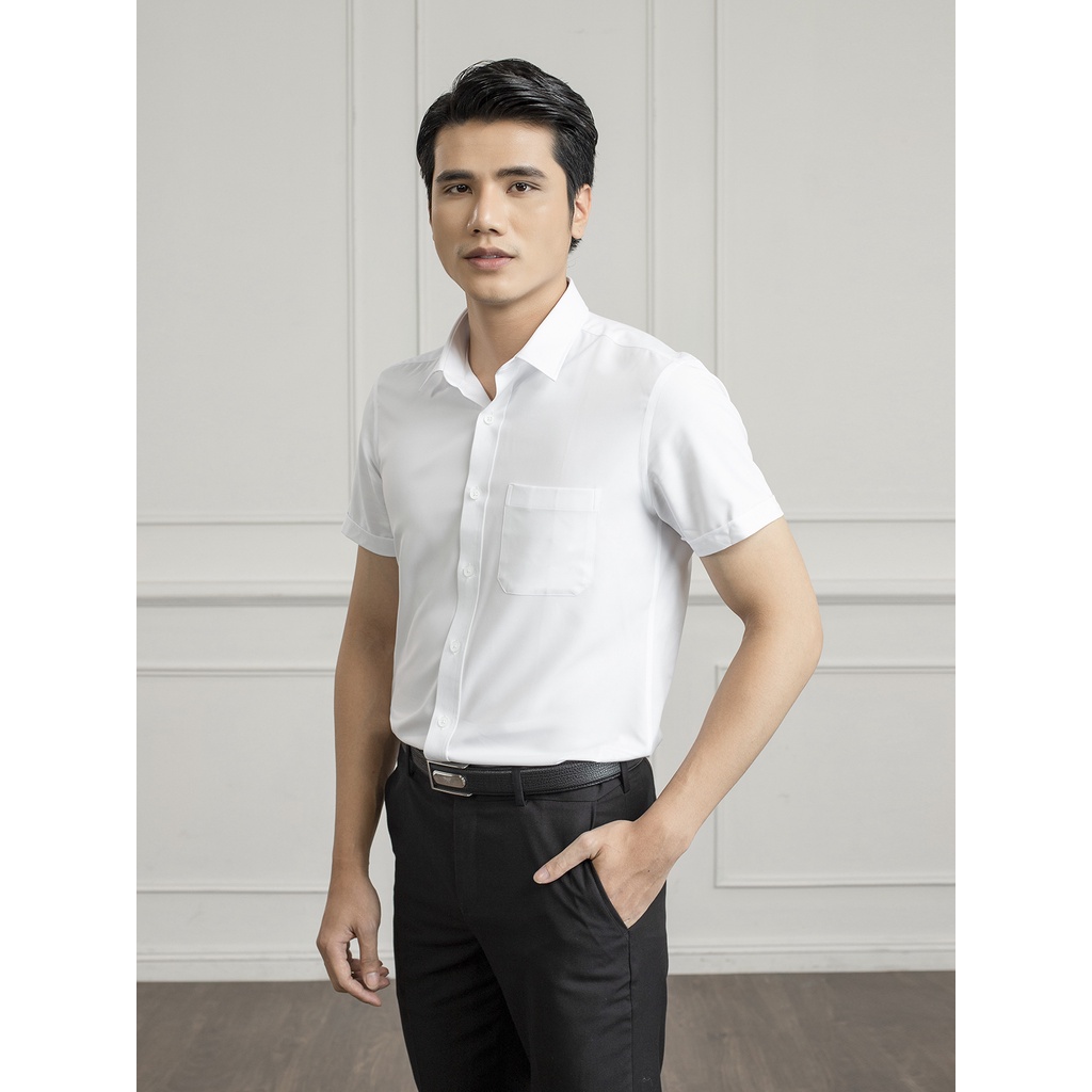 Áo sơ mi nam ngắn tay Aristino màu trắng trơn siêu nhẹ nhanh khô, dáng rông tà lượn có túi ASSR20