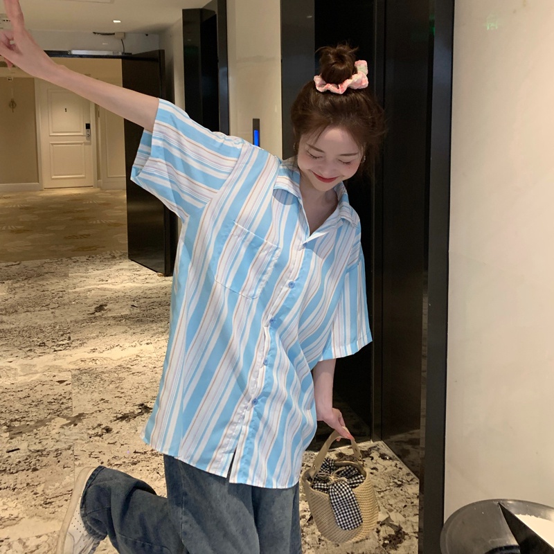 【ZHELIHANGFEI】Áo Sơ Mi Tay Ngắn Họa Tiết Sọc Theo Phong Cách Preppy Dễ Phối Đồ