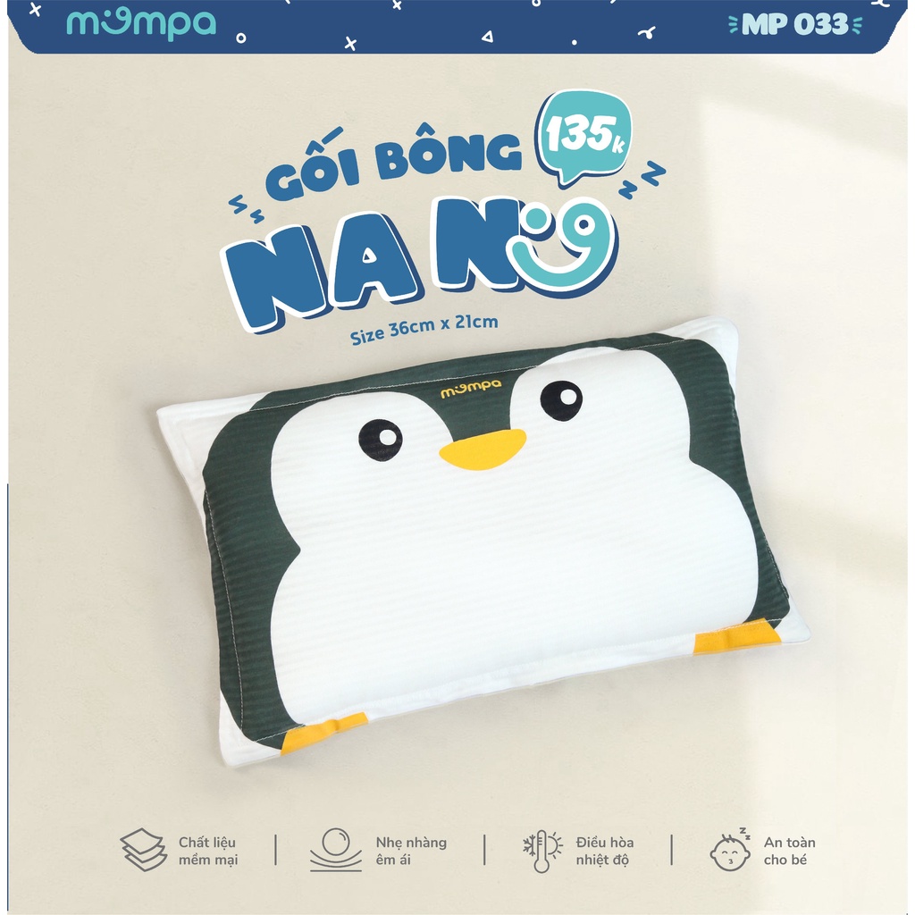 Gối cho bé sơ sinh Mompa vỏ cotton ruột bông mềm mại siêu nhẹ thoáng mát diệt khuẩn 027