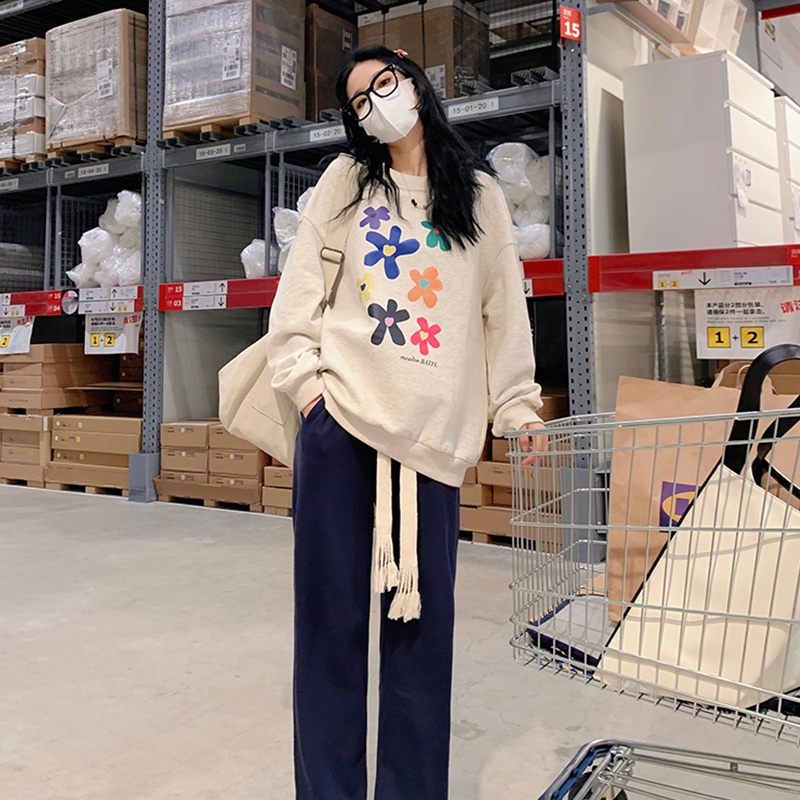 Áo thun ZHELIHANGFEI dài tay in hoa thiết kế dáng rộng dễ phối đồ