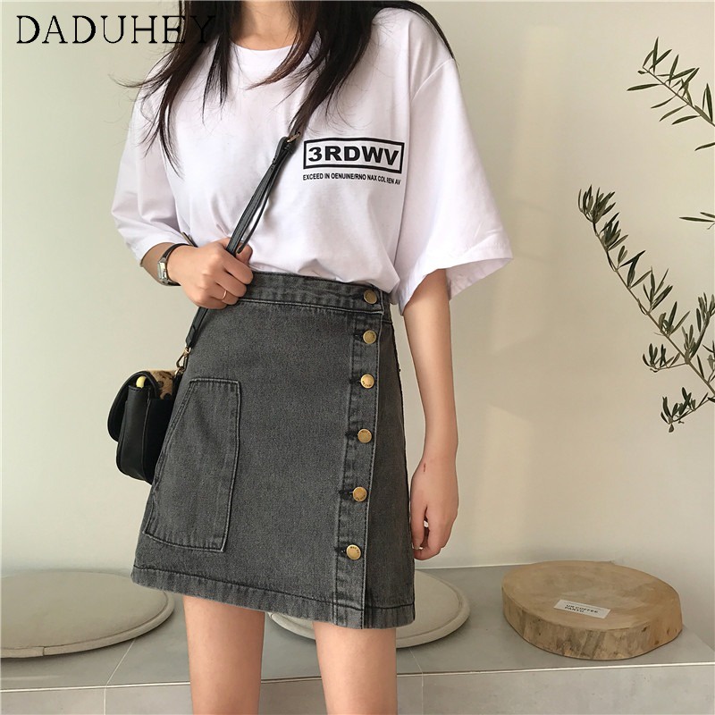 Daduhey Chân váy ngắn denim dáng chữ A có túi ngang hông thời trang mùa hè 2022 mới