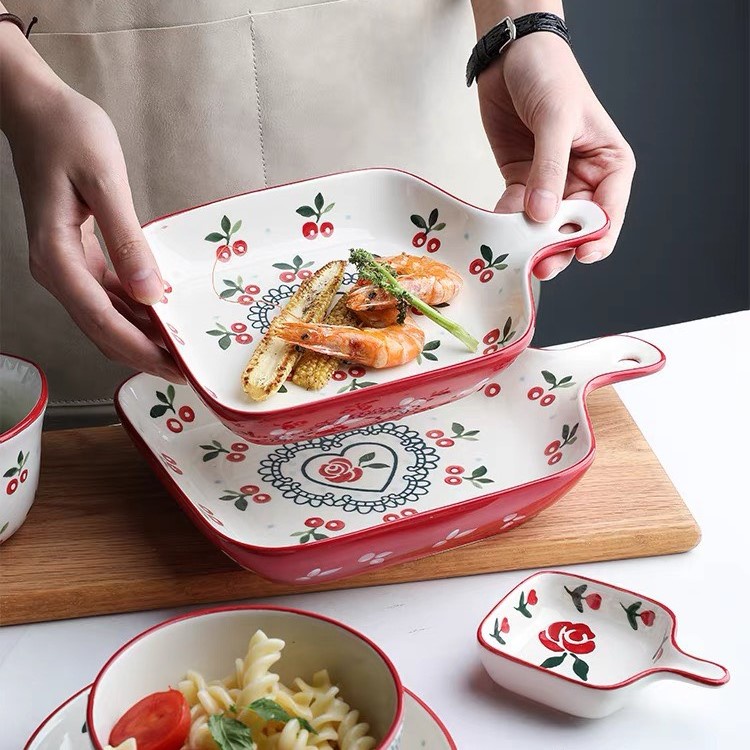 Chảo vuông tròn có tay cầm vuông họa tiết Cherry xinh xắn