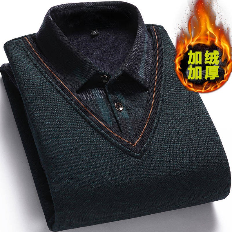 Kemeja Áo sweater Tay Dài Giả Hai Lớp Lót Nhung Dày Giữ Ấm Dành Cho Nam Trung Niên | BigBuy360 - bigbuy360.vn