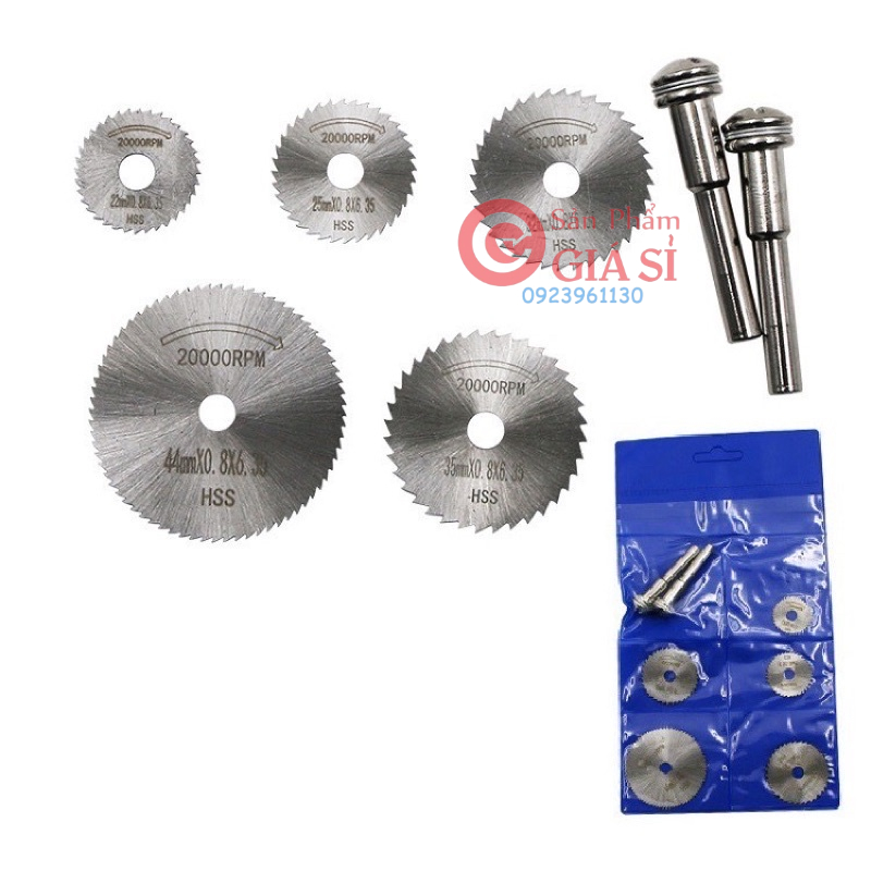 Lưỡi cắt mini dùng cắt gỗ thép HSS (5 đĩa cắt răng + 2 chân cán 6mm) 7 chi tiêt ❤️freeship❤️