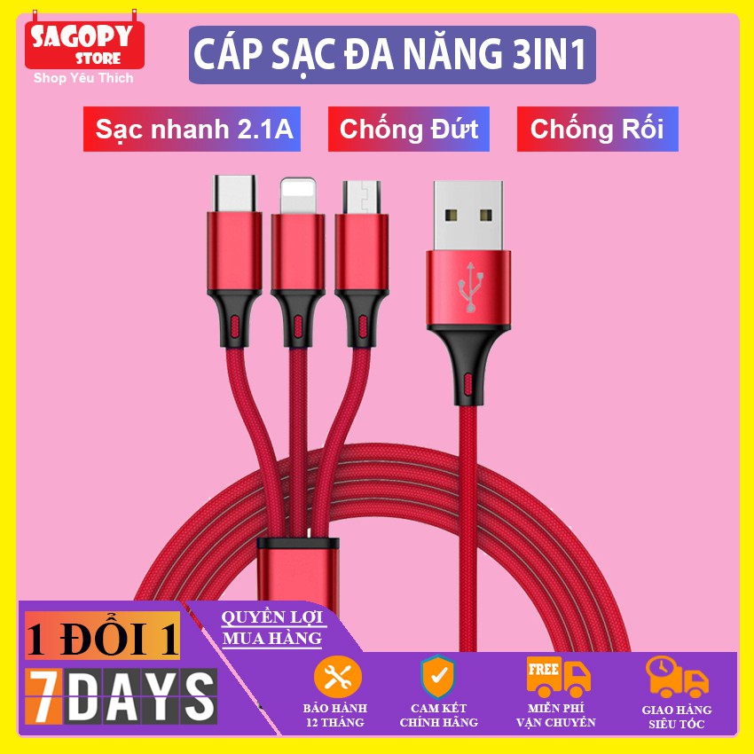 Dây cáp sạc nhanh IP, type c,micro usb android, dây cáp sạc 3 đầu tai nghe bluetooth pin dự phòng giá rẻ Sagopy