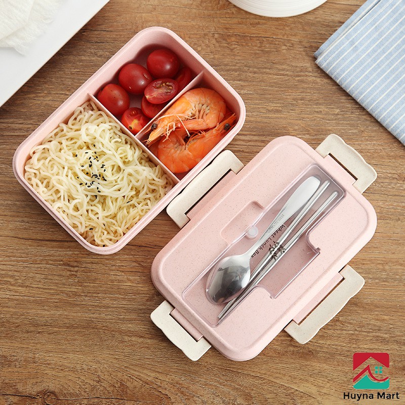 Hộp Đựng Cơm Lúa Mạch 3 Ngăn Mới (Tặng kèm đũa + thìa inox) NB40
