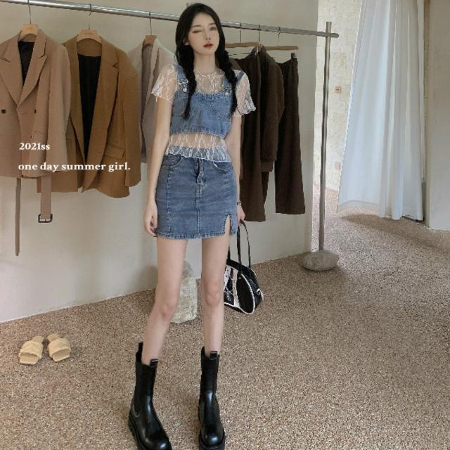 ' suit '- wear a short lace backed sleeveless top over a denim suspender vest