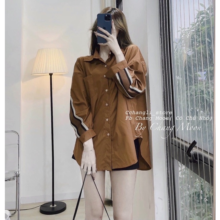 ÁO SƠMI NÂU PHA CHẠY VIỀN TAY VÀ LƯNG HOT HIT DÁNG OVERSIZE VẠT ĐUÔI TÔM