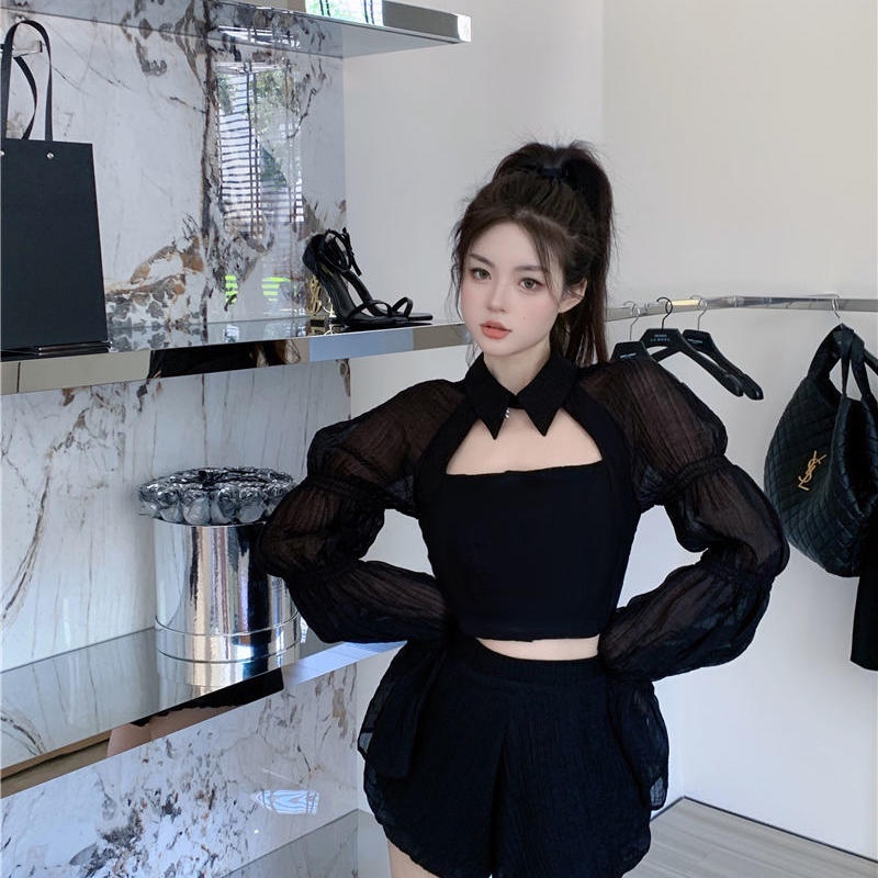 Áo Sơ Mi Dài Tay Ngắn Khoét Lỗ Áo Tay Phồng Mỏng Eo Y2k Cho Nữ