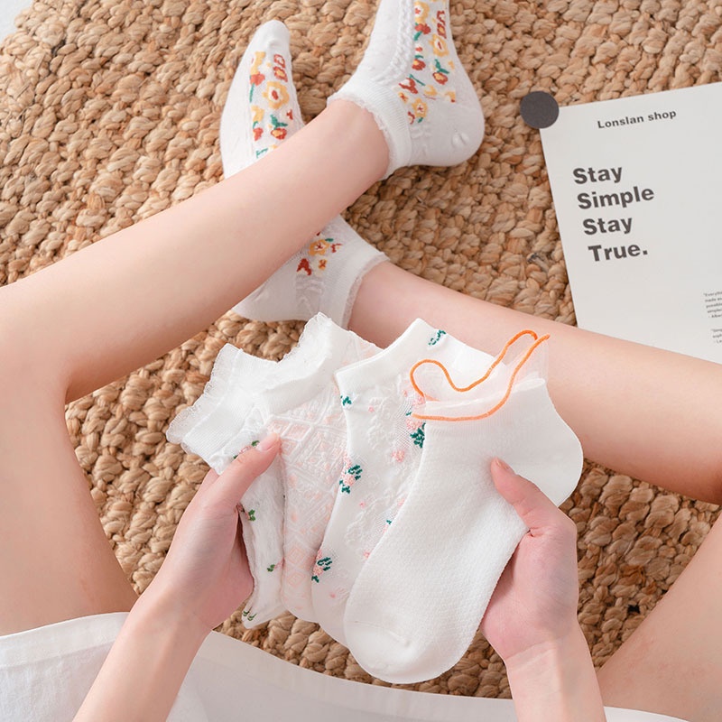 Set 5 đôi tất nữ cổ ngắn, vớ cổ ngắn nữ họa tiết trơn đơn giản cotton co giãn thời trang Hàn Quốc