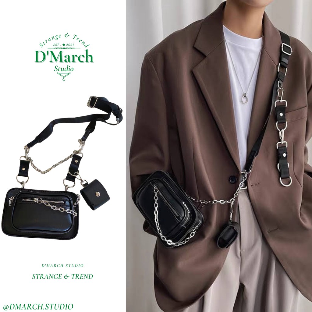 Túi đeo chéo unisex D'MARCH túi đeo chéo phối xích cá tính, dành cho cả nam và nữ