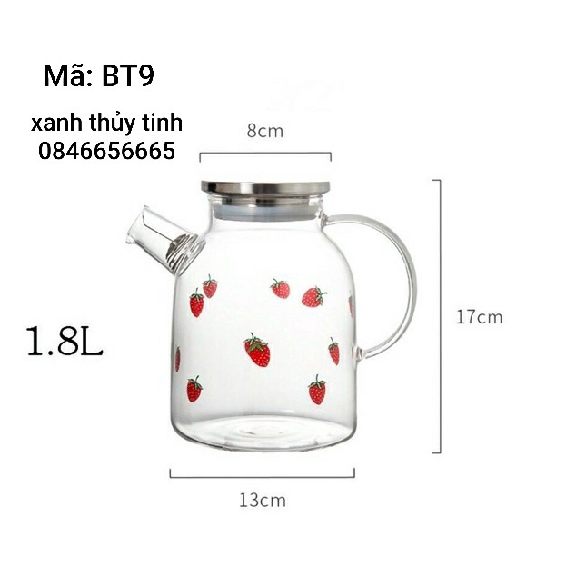 Bình thuỷ tinh dâu tây 1600ml nắp inox (BT19.1)