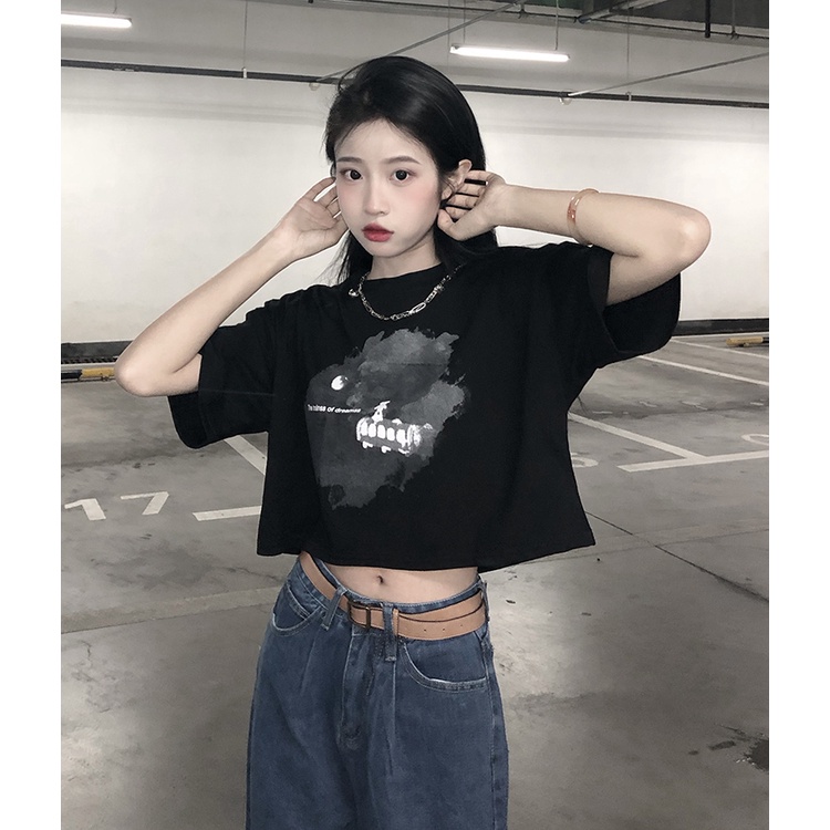 Áo Crop Top Tay Ngắn Dáng Rộng In Họa Tiết Phong Cách Retro Thời Trang Cho Nữ