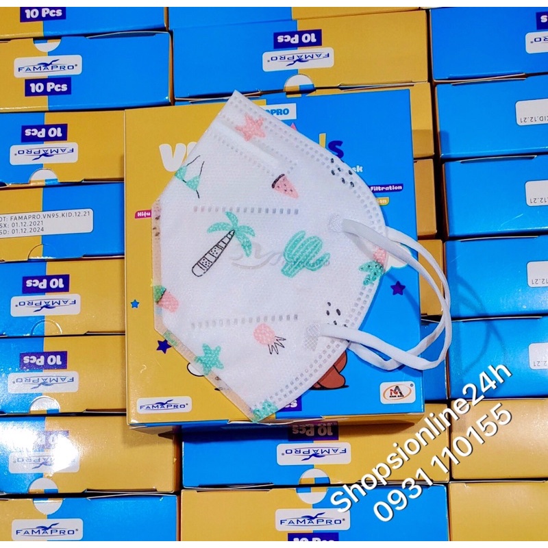 ✅ Hộp 10 cái khẩu trang y tế cho bé VN95 , N95 Famapro Nam Anh chính hãng họa tiết cây xương rồng , dừa