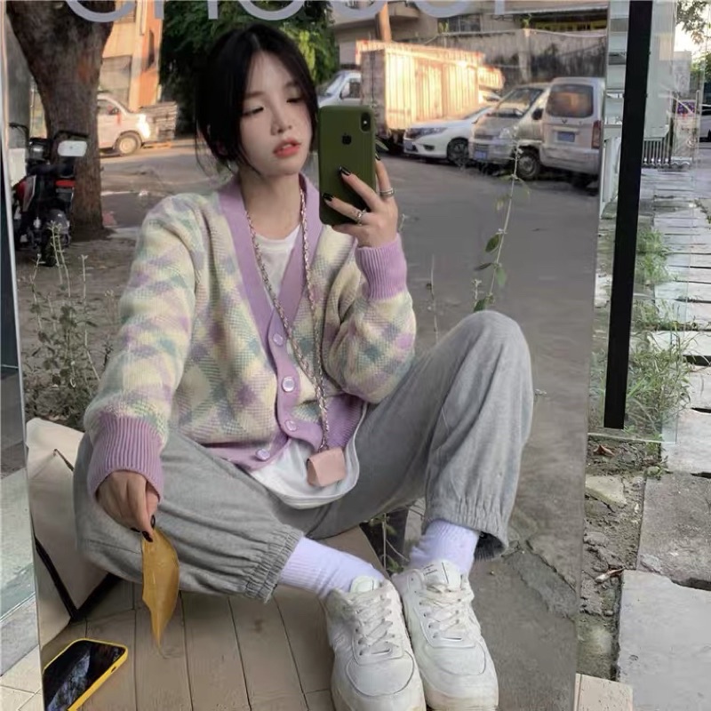 Áo Khoác Cardigan Dáng Ngắn Phối Màu Pastel