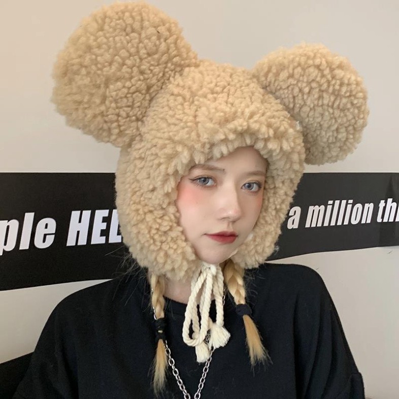 Mũ Lông Cừu Lót nỉ Kèm Tai Siêu Cute Dễ Thương Hàng Quảng Châu Cao Cấp