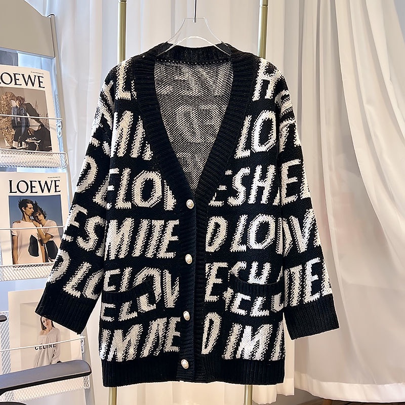 Áo Khoác Cardigan Dệt Kim Dáng Dài Vừa Hoạ Tiết Chữ Phong Cách Mới