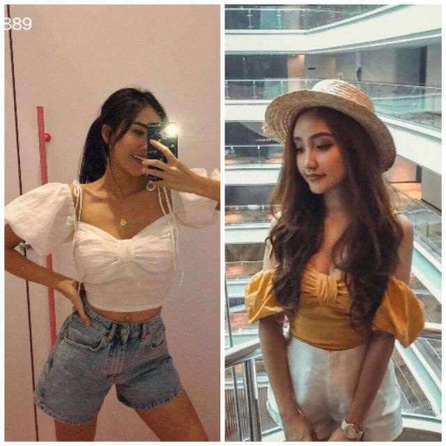 Áo crop nhún ngực cột nơ vai tay phồng (có hình thật)