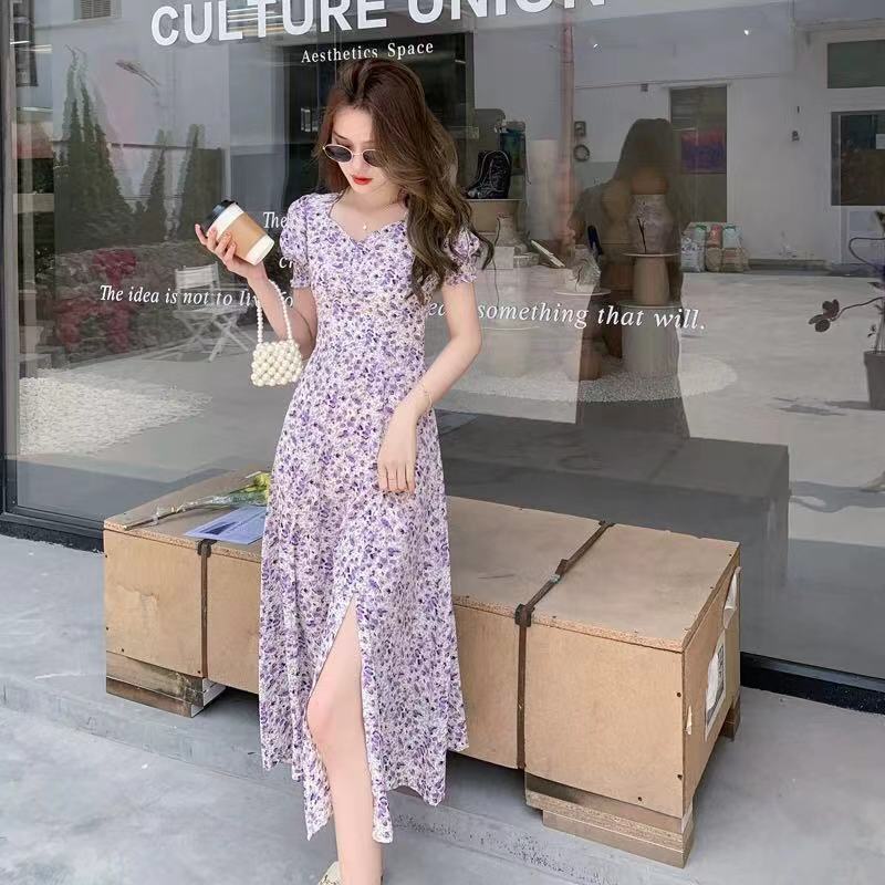 Đầm Hoa Tím Dáng Dài Cổ V Xẻ Tà Tay Phồng Thời Trang Hàn Quốc Gợi Cảm Dành Cho Nữ