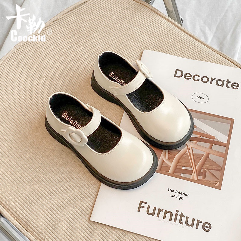 Giày búp bê bằng da bé gái, giày công chúa đế bằng quai dán phong cách Vintage