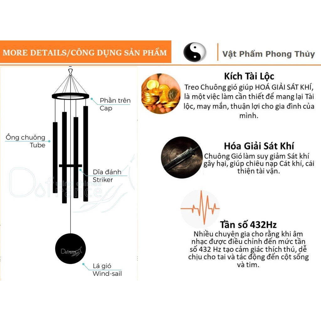 Chuông gió nhạc thiền Dofrance Suối Nguồn – Chuông gió cao cấp, chữa lành trị liệu 432Hz