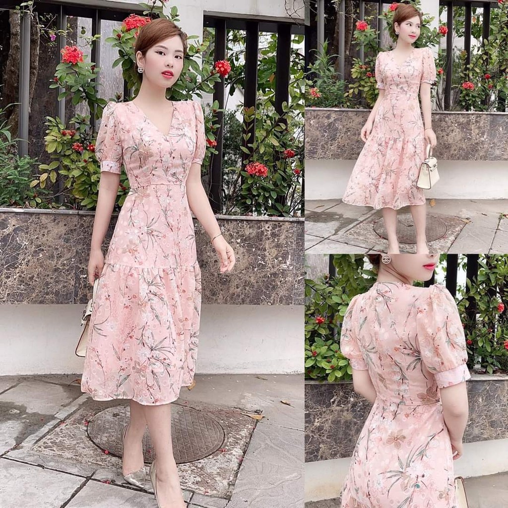 VÁY HOA THIẾT KẾ CỔ V TAY LỠ V1894 CHẤT VẢI VON TƠ HÀN CAO CẤP SANG TRỌNG NỮ TÍNH QUÝ PHÁI