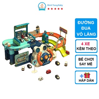 Đồ chơi điều khiển xe đường đua có vô lăng, mô phỏng điều khiển đường đua cho bé điều khiển chạy pin kèm 4 xe ô tô