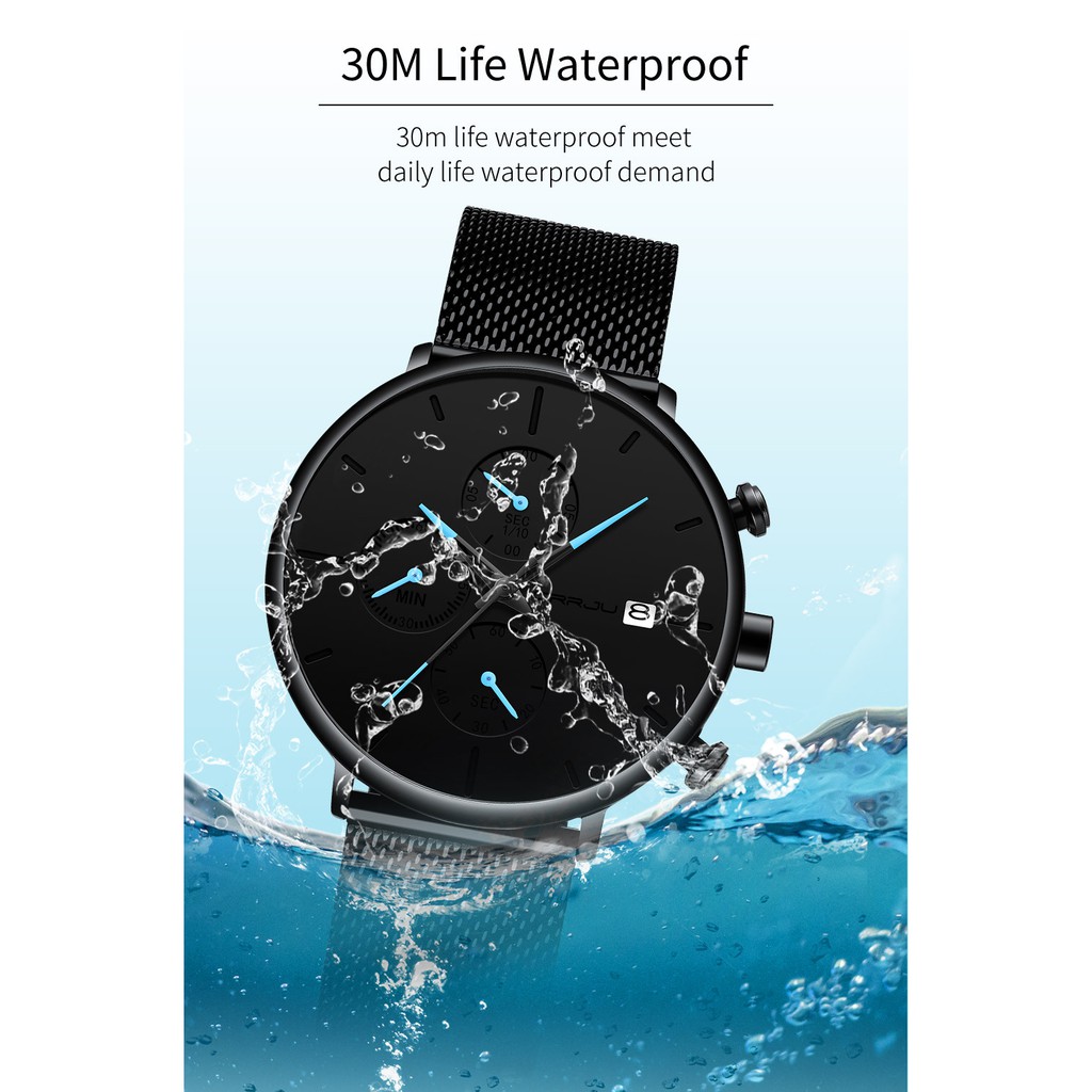 Đồng Hồ CRRJU 2268 Có Hiển Thị Ngày Phong Cách Thể Thao Độc Đáo Với Dây Đeo Lưới Thép Không Gỉ Cho Unisex